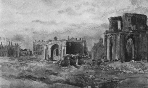 «Руїни Чернігова після бомбардування німецькими літаками 23–29 серпня 1941». 1964. Папір, акварель